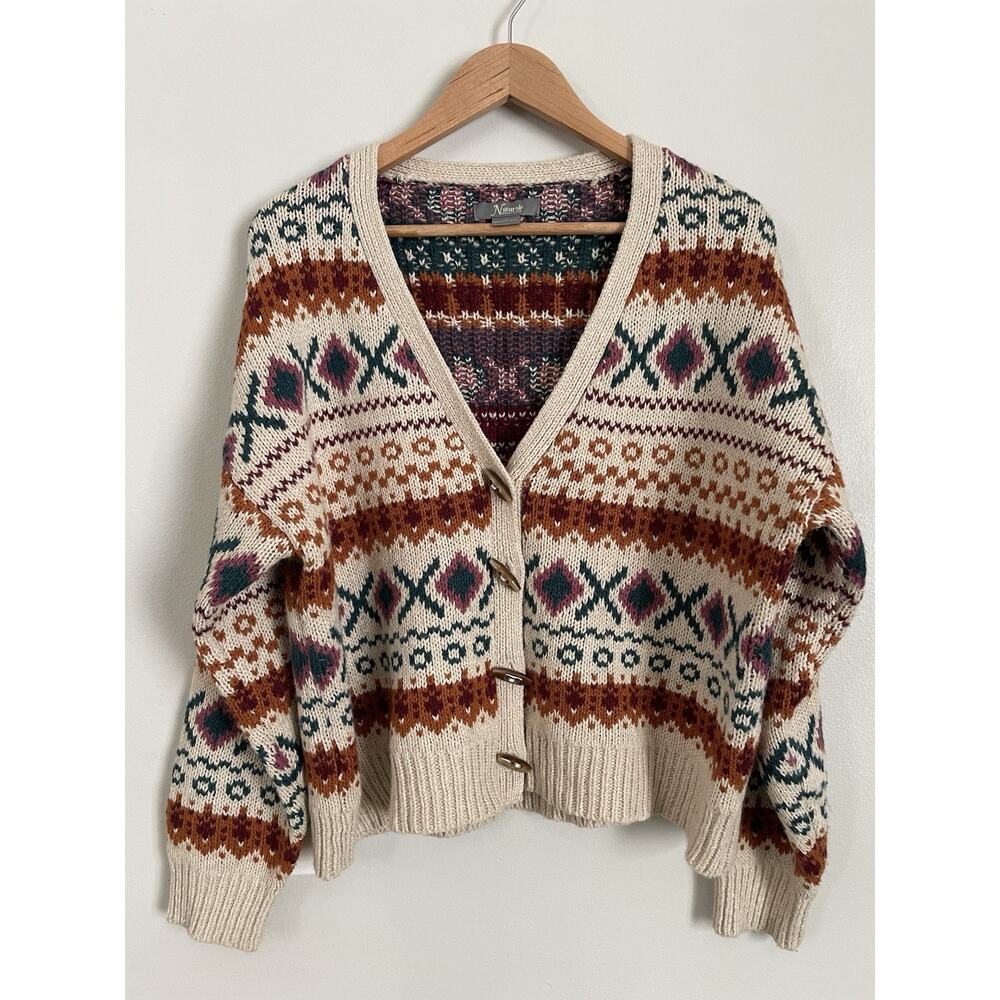 Natural Reflections Boho Chunky Knit Toggle Button Cardigan Sweater Aztec Print